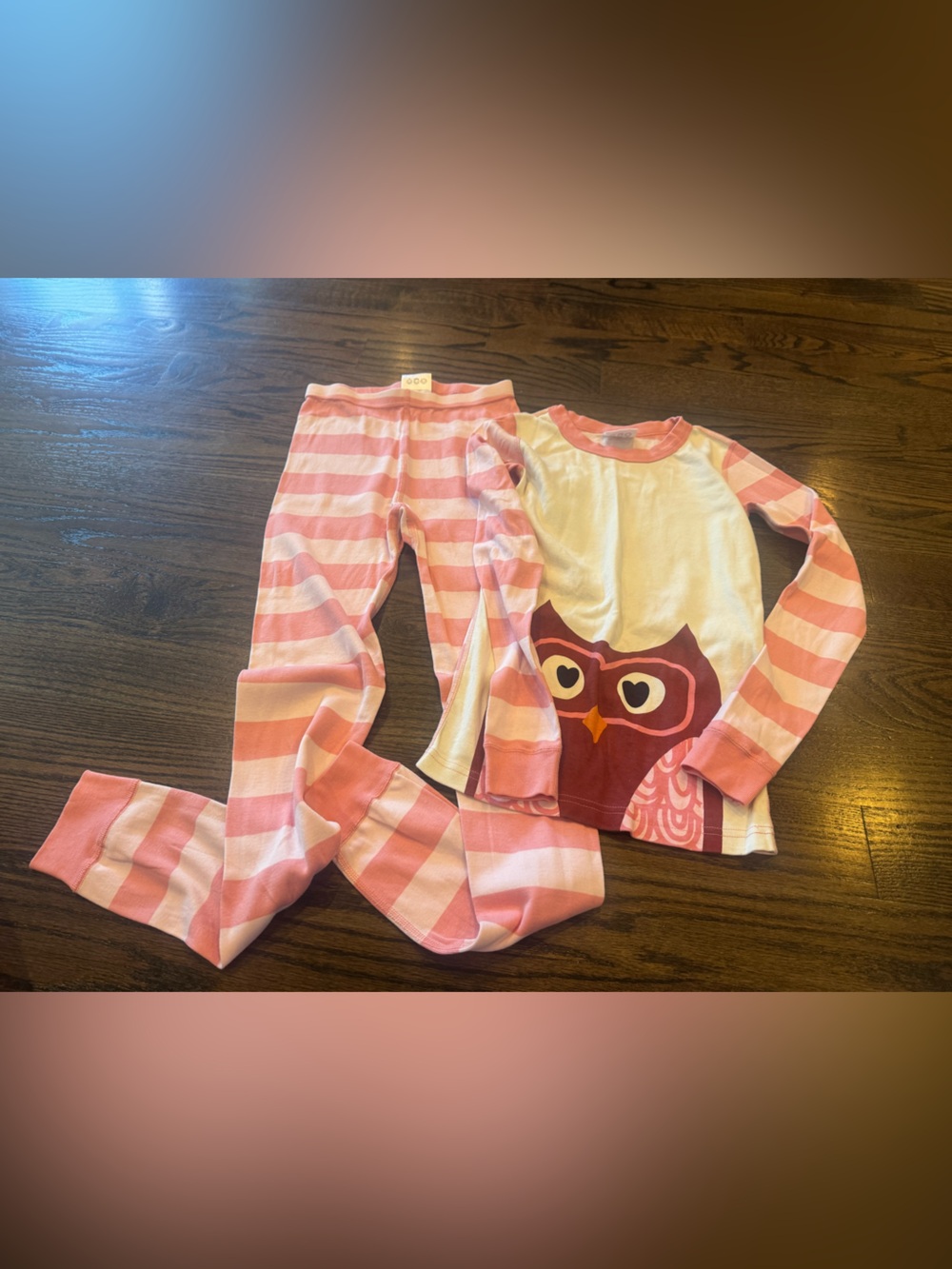 Hanna Andersson Pink and White Striped Owl Pajama Set with Maroon Owl